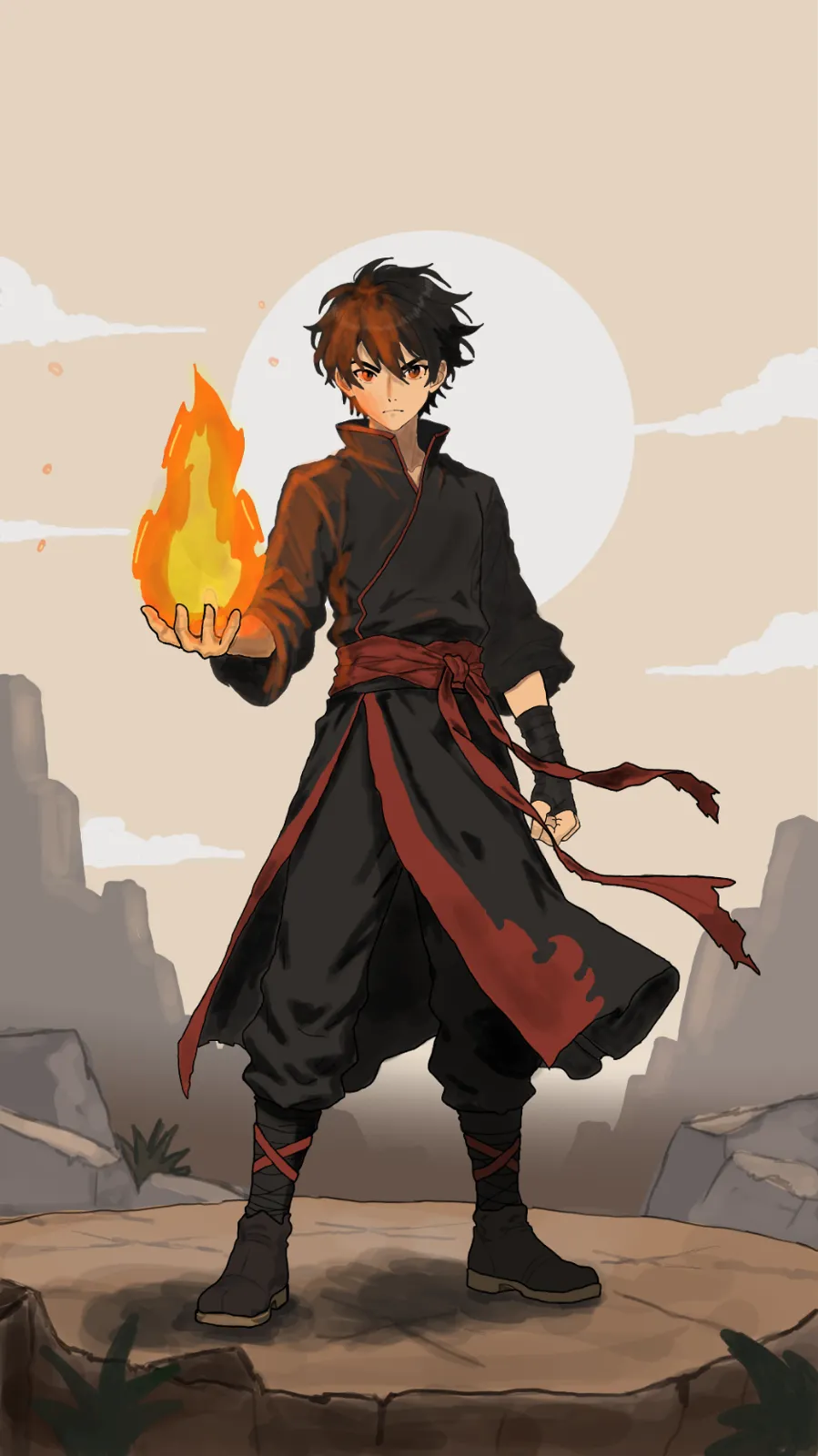 Character holding a hand-flame, painted against desert cliffs and a pale moon